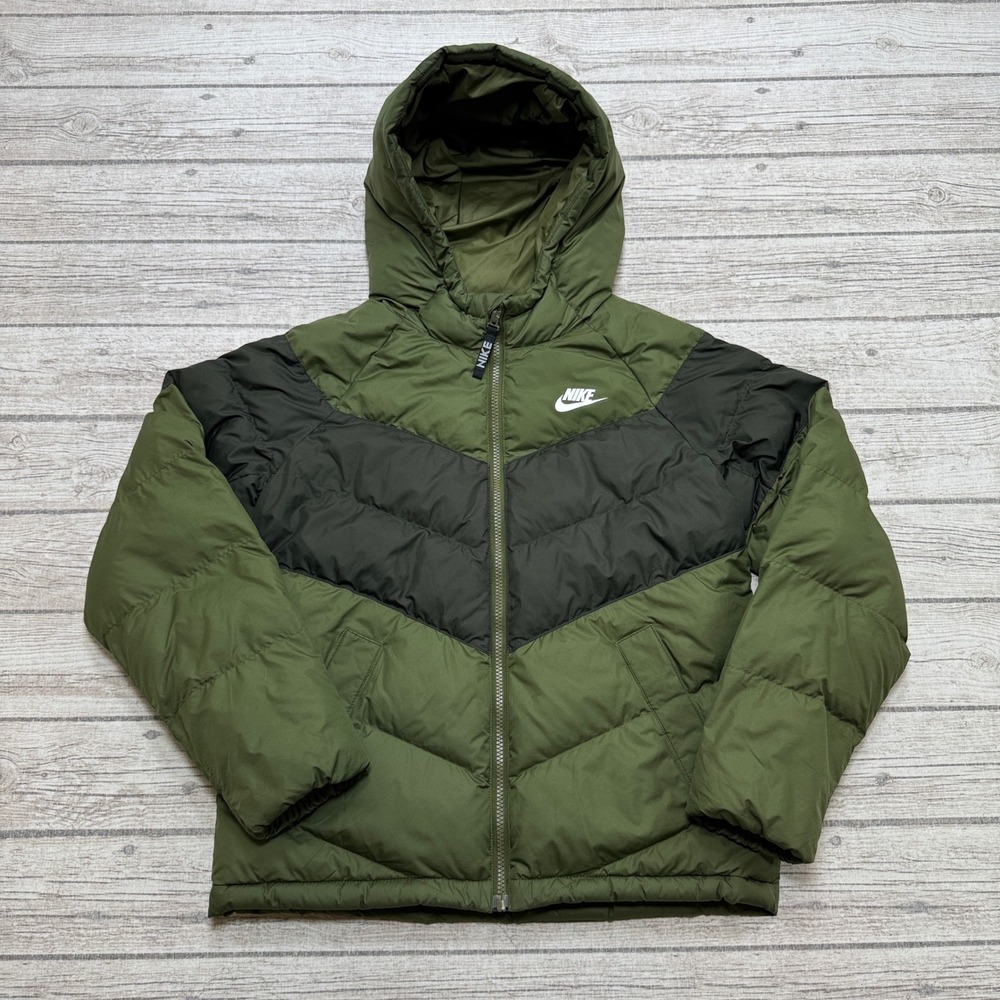 Nike Puffer Jacket Boy's L Olive Green Quilted Windrunner Chevron Hooded Outdoor